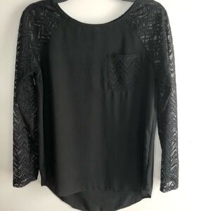 Long Sleeve Blouse with Lace See Through Sleeves Black
